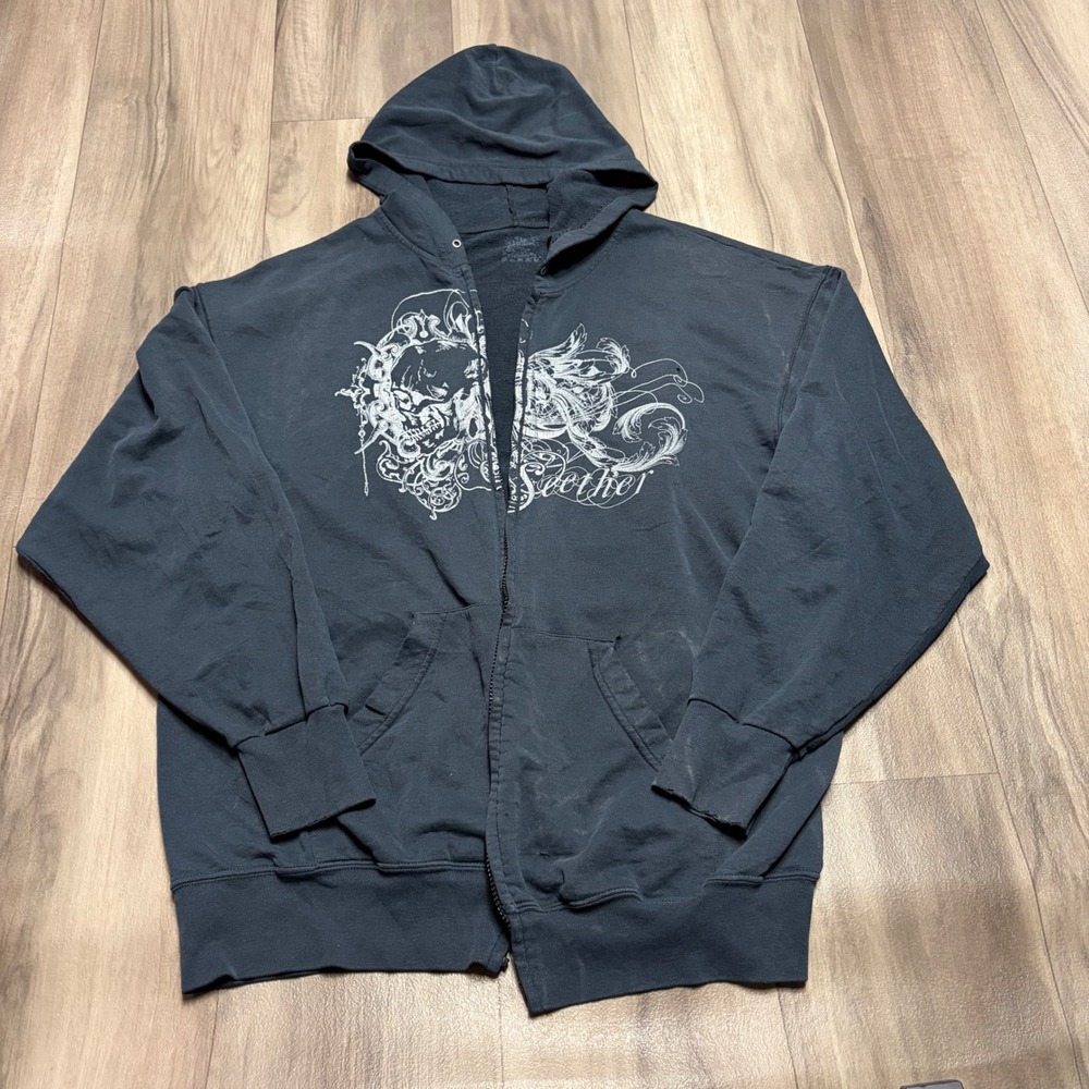 Seether Band Hoodie Black Full Zip Skull Graphic Distressed Mens XL